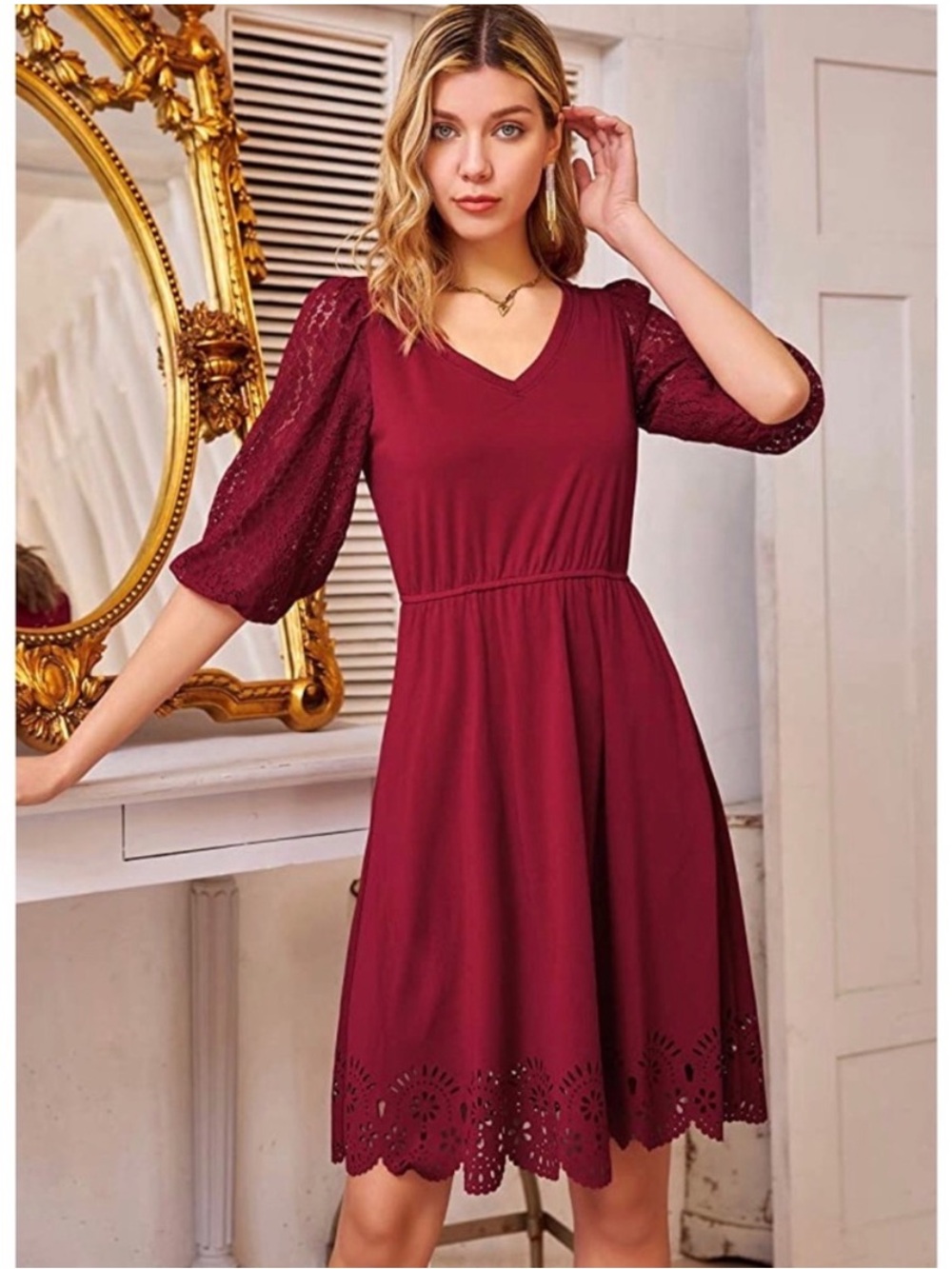 Grace Karin Lace Sleeve Cutout Hem Midi Dress
